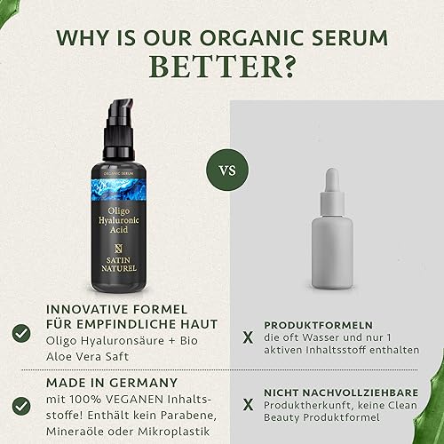 Hyaluronic serum high dosage 100ml - hyaluronic acid serum face - vegan - facial care for men and women - anti-aging hyaluronic acid facial serum with organic aloe vera - Made in Germany, Satin Naturel