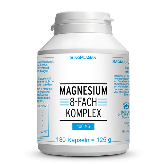 Magnesium 8-fach Komplex 400 mg || 180 Kapseln || 400 mg elementares Magnesium || 8 verschiedene Magnesiumarten || SinoPlaSan