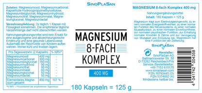 Magnesium 8-fach Komplex 400 mg || 180 Kapseln || 400 mg elementares Magnesium || 8 verschiedene Magnesiumarten || SinoPlaSan