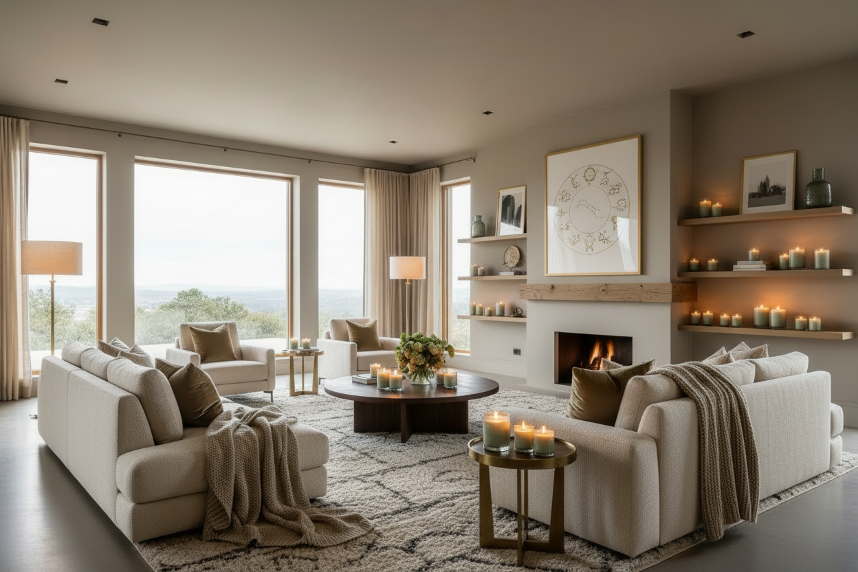 cozy luxurious living room withe wast space decorated with scented candles in glass containers in the colour sage